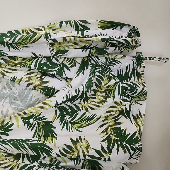 Ashley Stewart tropical palm print true wrap top, long sleeve, linen summer top - Picture 3 of 8